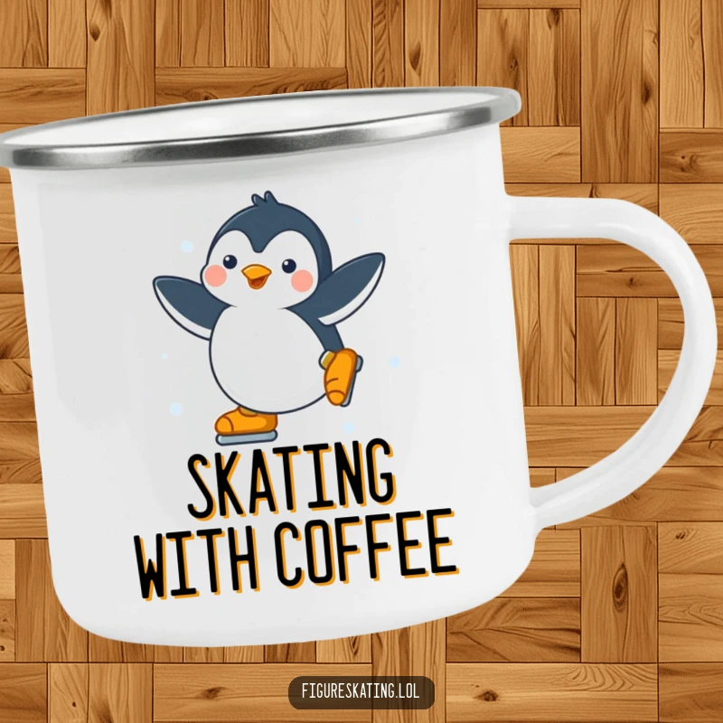 Funny Penguin Camping Mug: Sturdy mug featuring a happy penguin gracefully spinning on ice skates, for outdoor enjoyment.