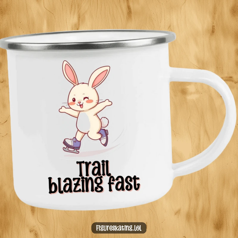 Funny Camping Mug: A giggling rabbit skating at speed, perfect for enjoying drinks outdoors with a humorous and energetic touch.