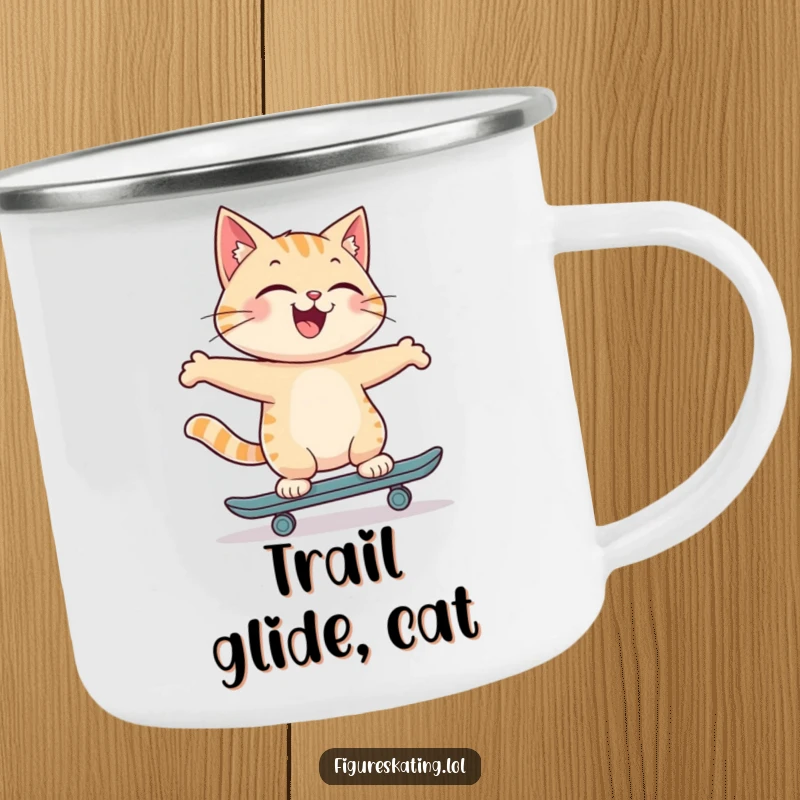 Funny camping mug featuring a joyful cat skating backwards with a proud smile, perfect for enjoying drinks outdoors with cool style.