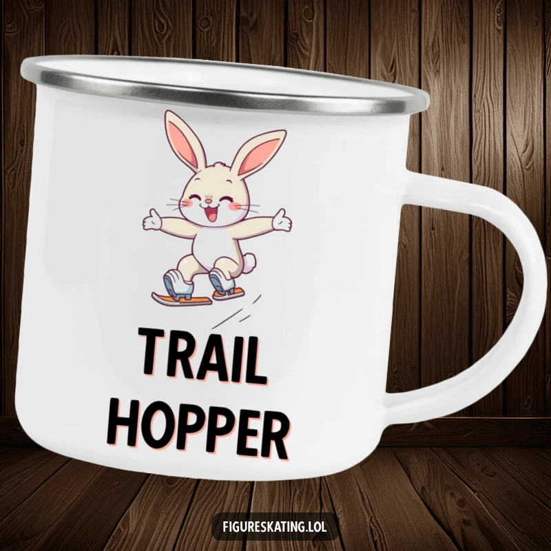 Funny camping mug featuring a determined, smiling bunny gracefully jumping on ice skates, perfect for outdoor enthusiasts.
