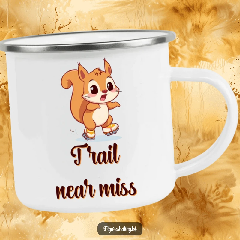 Funny camping mug featuring a playfully surprised squirrel narrowly avoiding a collision on ice skates, perfect for outdoor fun.