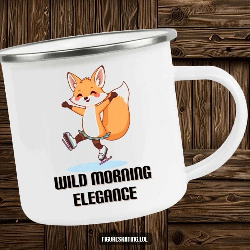 Funny fox ice skating camping mug showing a cheerful fox performing an arabesque, perfect for enjoying beverages outdoors with flair.