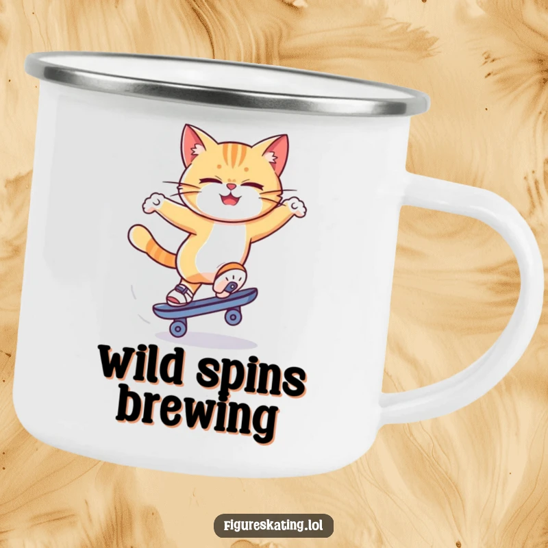Funny cat ice skating camping mug showing a determined cat spinning on a skate, perfect for hot beverages during outdoor escapades.