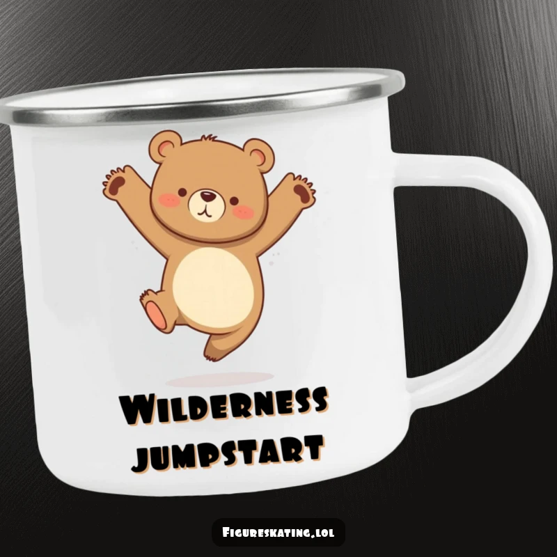 Funny camping mug featuring a curious bear mid-graceful jump with tucked legs, perfect for outdoor enthusiasts.