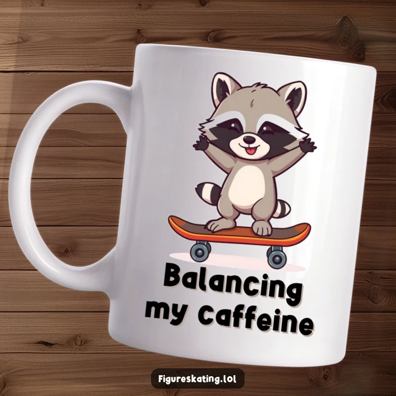 Funny Mischievous Raccoon Mug: A cheeky raccoon balancing on one skate, arms out in a boastful pose.