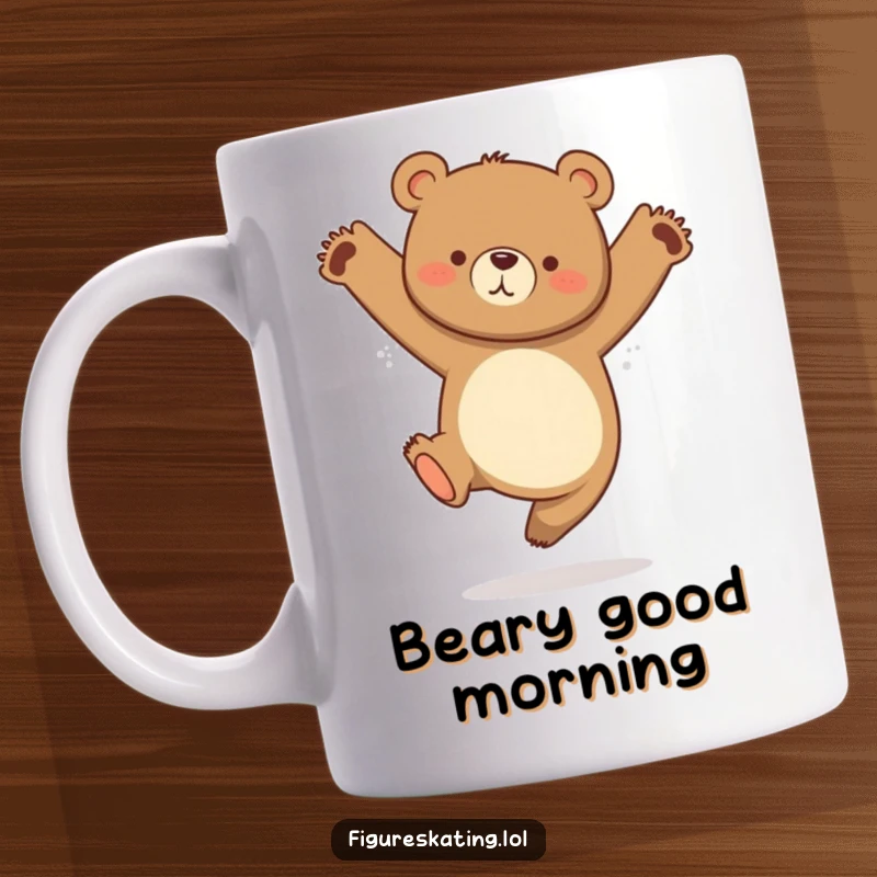 Funny mug featuring a curious bear mid-graceful jump with legs tucked, full of playful energy.
