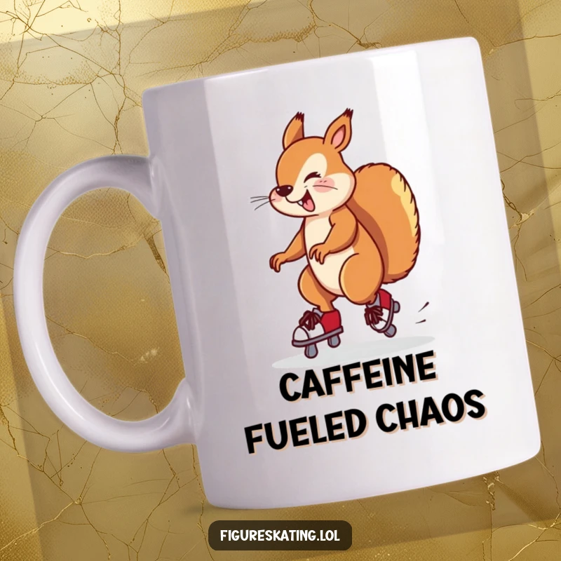 Funny mug showcasing a silly squirrel twirling enthusiastically on ice skates, almost losing its balance. A funny present.