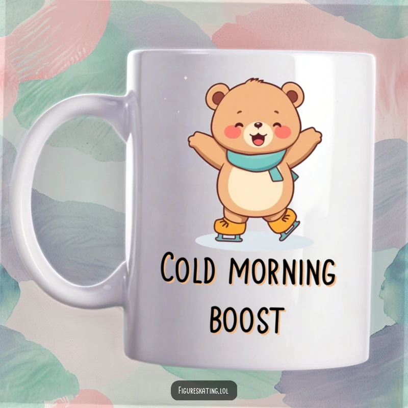 Funny mug with a joyful, round bear cub performing a dazzling spin on ice skates, radiating pure happiness.