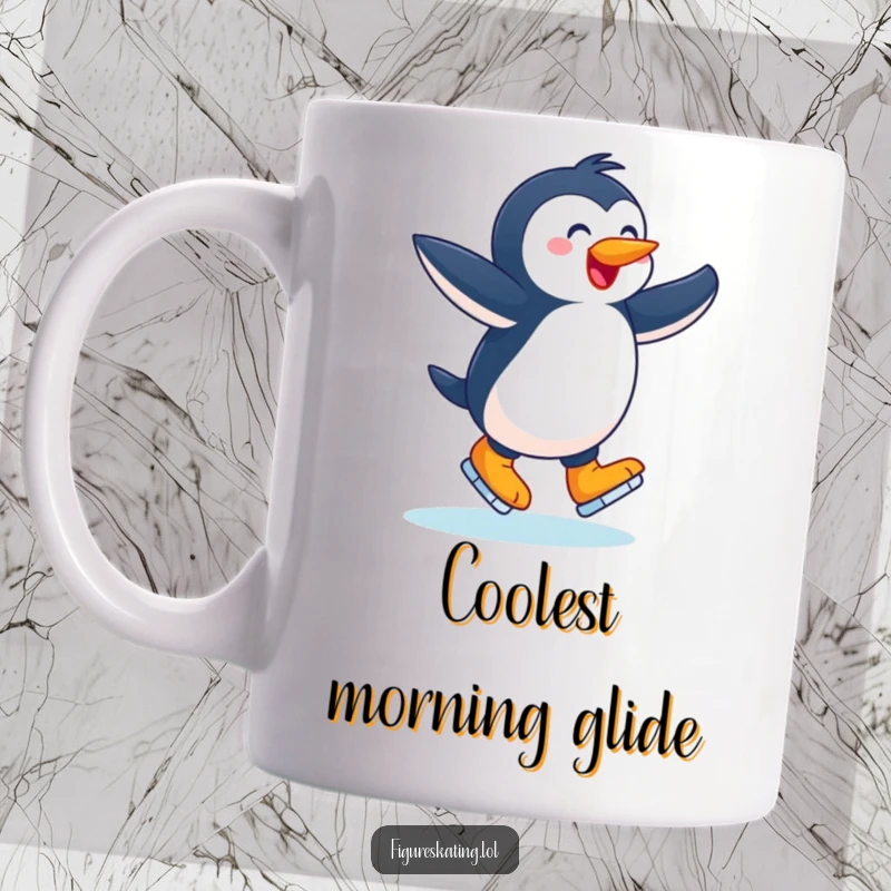 Funny mug, joyful penguin twirling with arms outstretched on ice skates, expressing pure happiness and winter fun.
