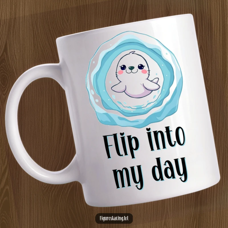 Funny seal ice ring mug featuring a smiling seal joyfully leaping through a sparkling hoop of ice, full of playful energy.