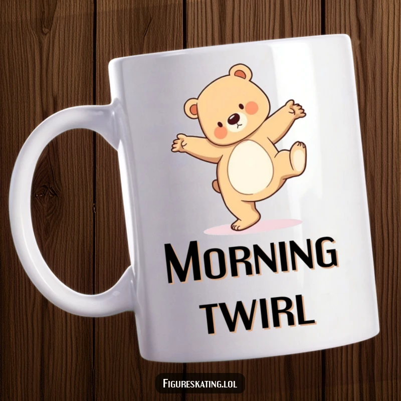 Funny mug showing a cute bear cub attempting an elegant pirouette with surprising poise and balance.