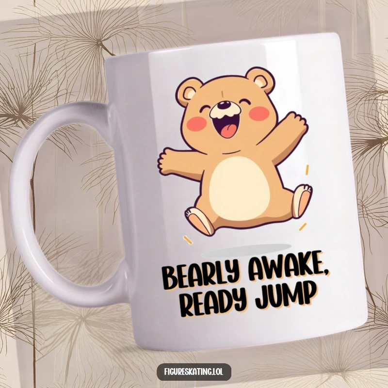 Funny Bear Mug featuring a beaming cartoon bear attempting a triple jump with exaggerated gusto and a determined smile, perfect for coffee lovers.