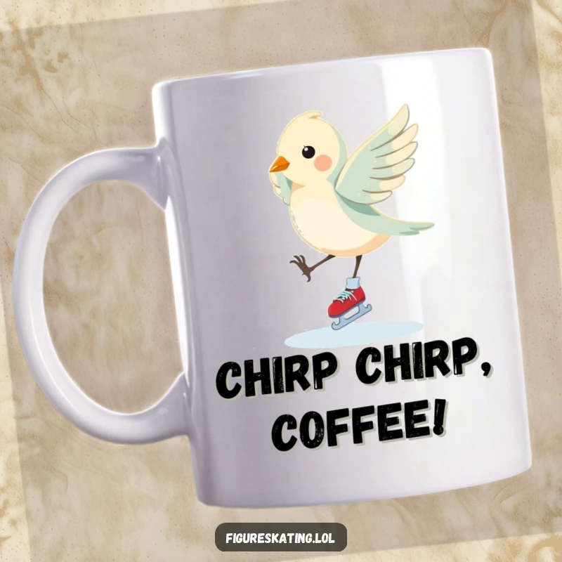 Funny Bird Mug: A fluttering bird performs an elegant pirouette on ice skates, showcasing graceful humor and making a delightful funny gift.