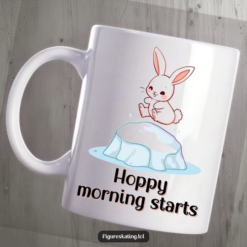 Funny bunny gracefully leaping from an ice patch onto a mug, capturing athletic fun and cuteness.