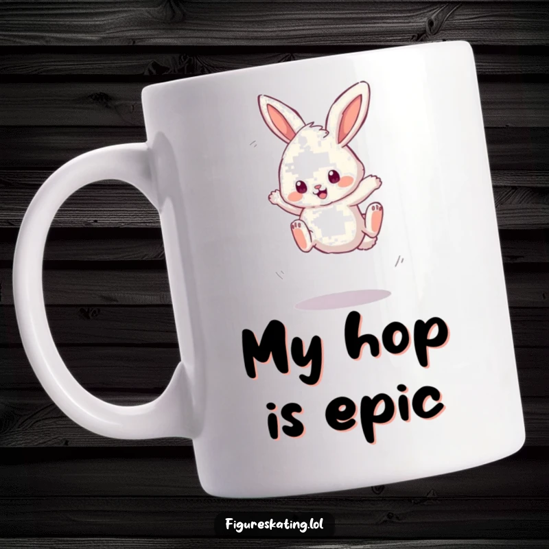 Funny mug showcasing a fluffy bunny attempting a hilariously wobbly triple jump, radiating effort and adorable charm.