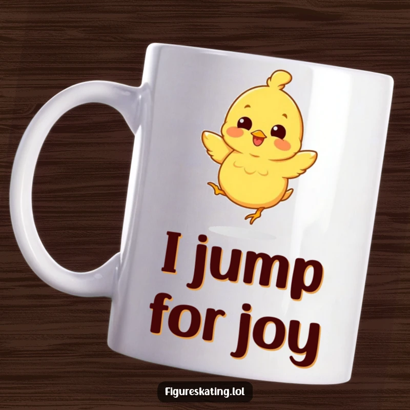 Funny mug showcasing a happy chick doing a joyful mini-jump with a wide smile, radiating pure cheerfulness.