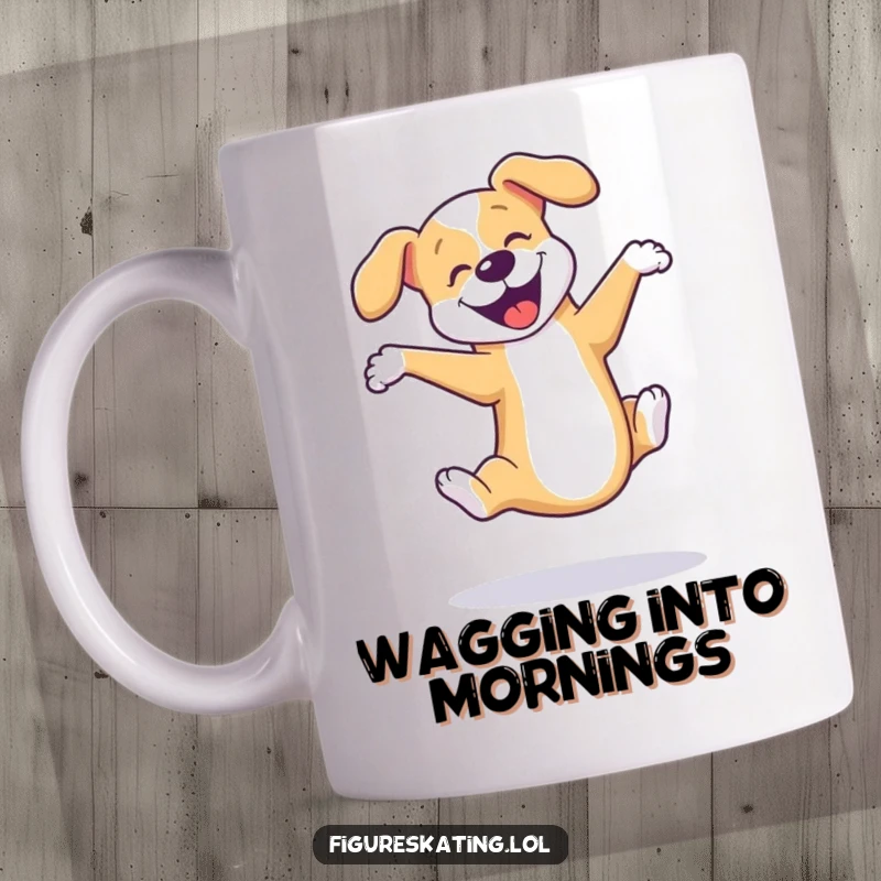 Funny dog ice skating mug featuring a playful dog mid-triple axel with pure joy, radiating canine energy and skating prowess.