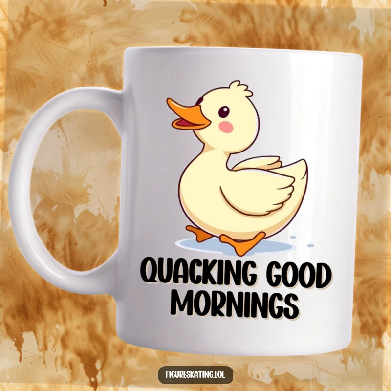 Funny mug showcasing a delighted duck gliding smoothly forward with a wide, happy quack, radiating pure joy and contentment.