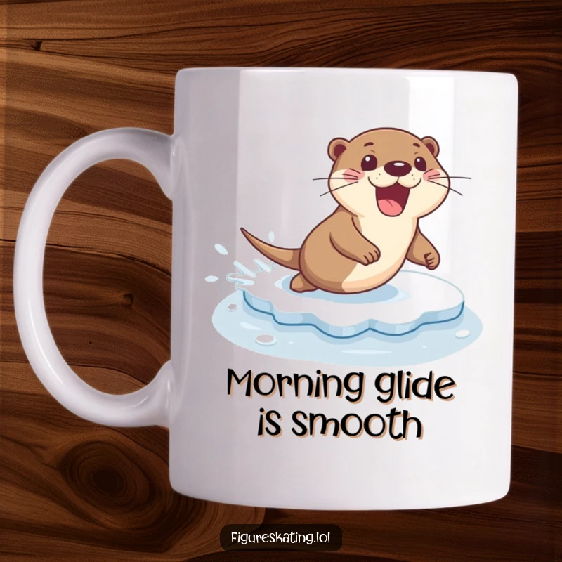 Funny mug showcasing an excited otter sliding gracefully across ice with a flourish and a joyful expression.