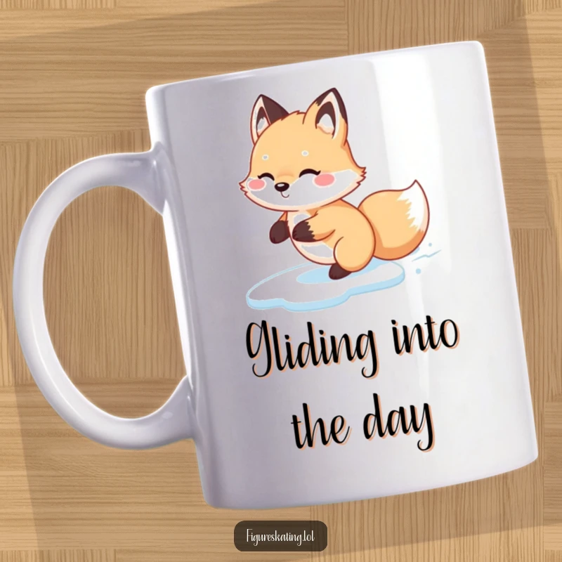 Funny Fox Glide Mug, a fluffy fox happily gliding backwards on ice with a joyful expression, showcasing playful winter movement.