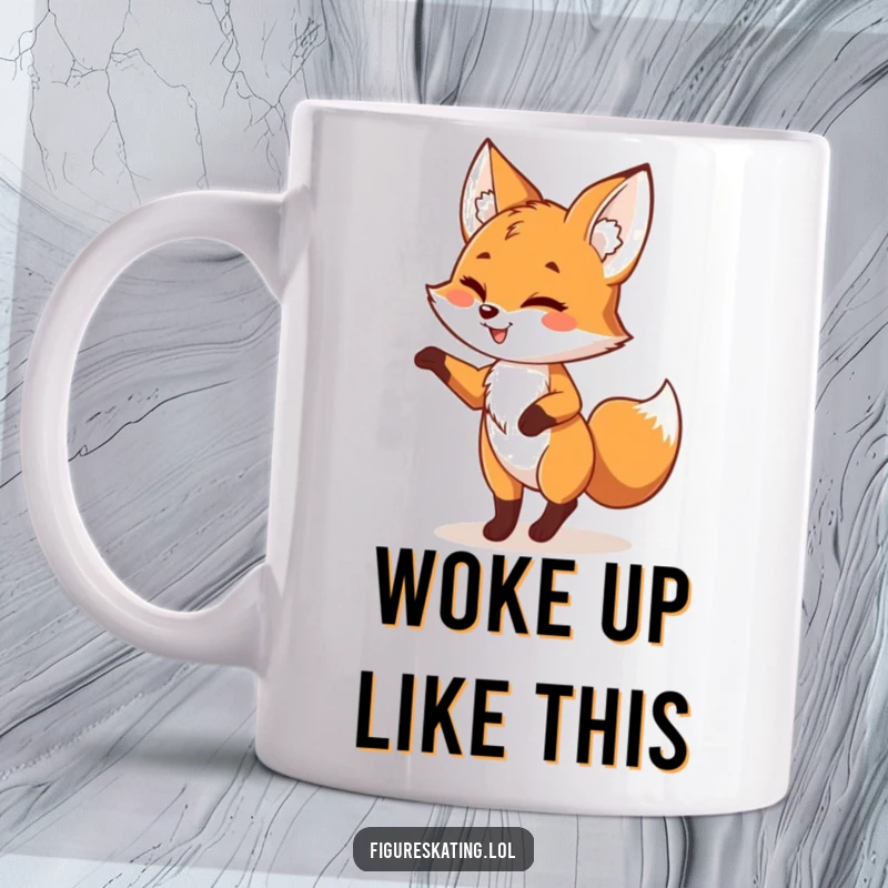 Funny fox mug showing a playful fox mid-pirouette with a wink, conveying joy and mischief, perfect for a cheerful person.