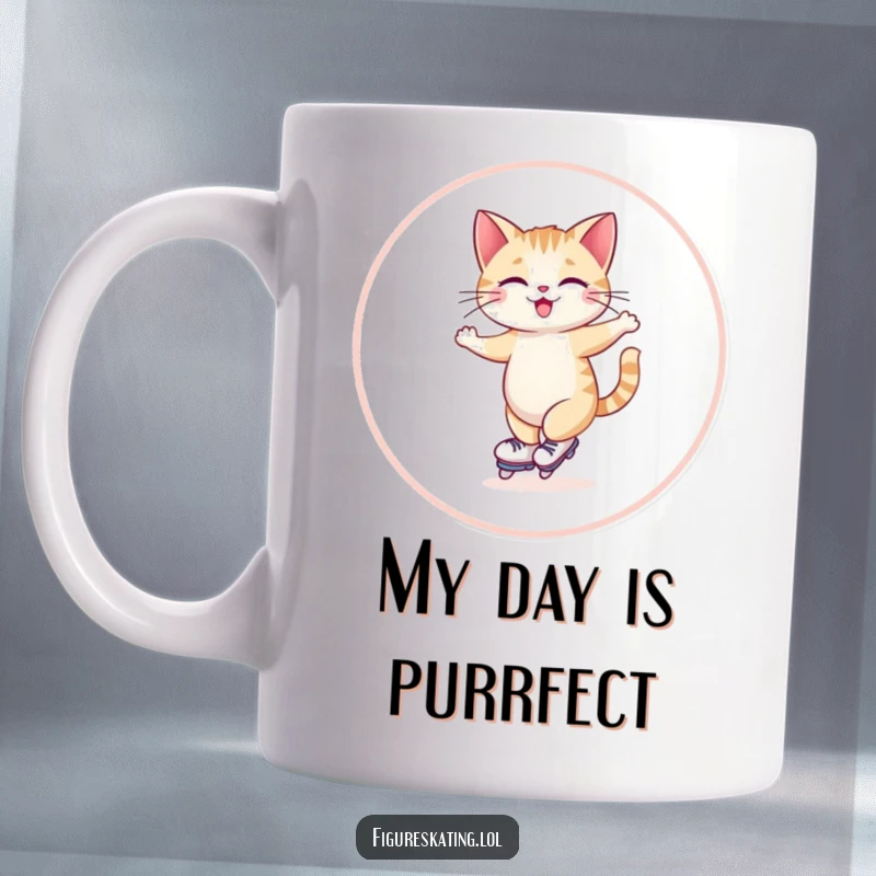 Funny mug showing a giggling cat gracefully skating in a wide, elegant circle with a look of pure amusement.
