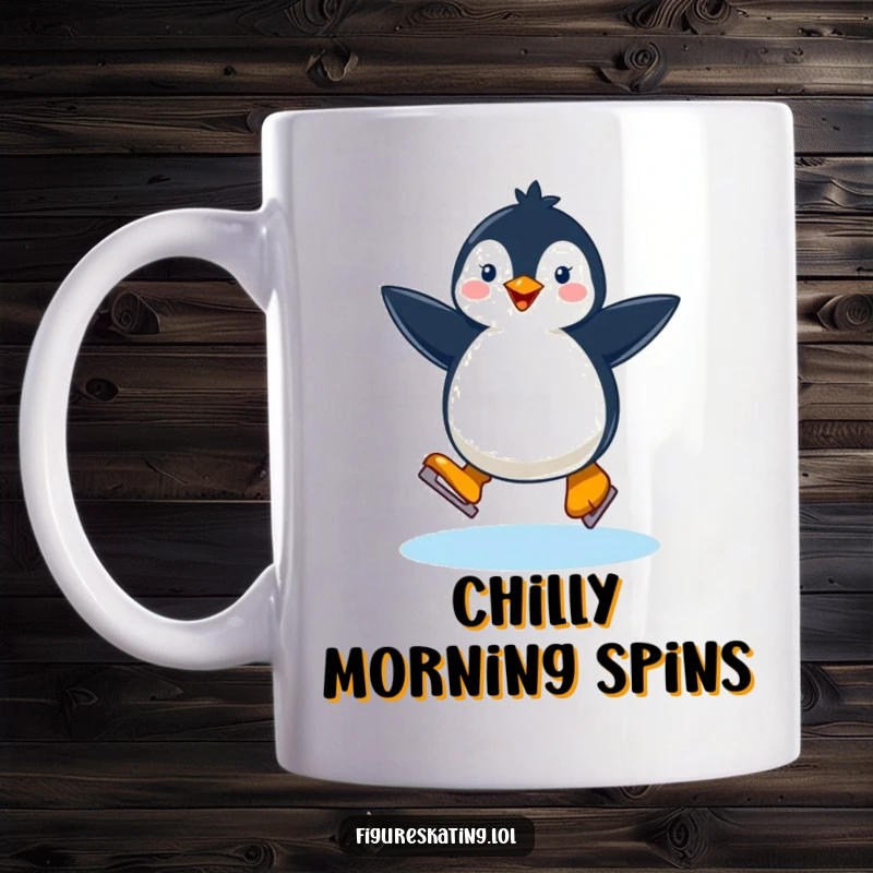 Funny happy penguin gracefully twirling on a single ice skate, captured on a mug for winter fun.