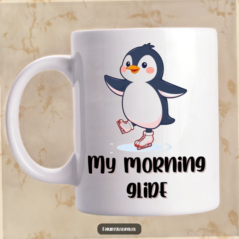 Funny penguin ice skating mug featuring a joyful penguin gracefully twirling on the ice, spreading happiness and laughter.