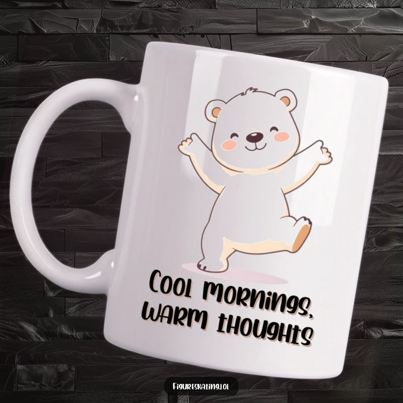 Funny Polar Bear Mug: A smiling polar bear striking a delicate arabesque pose, radiating elegance and unexpected humor.