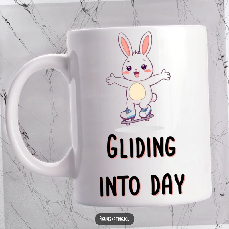 Funny mug showcasing a happy bunny gracefully gliding on skates, arms spread wide in pure joyful abandon.