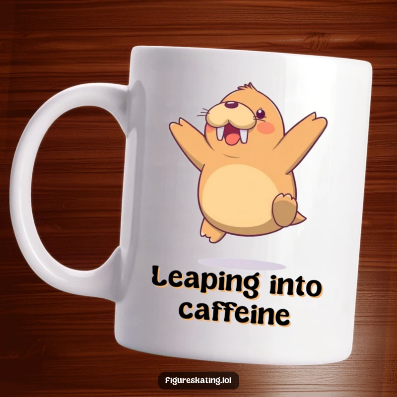 Funny Walrus Jump Mug, a cheerful walrus performing a light, mid-air jump with surprising agility and a happy expression.