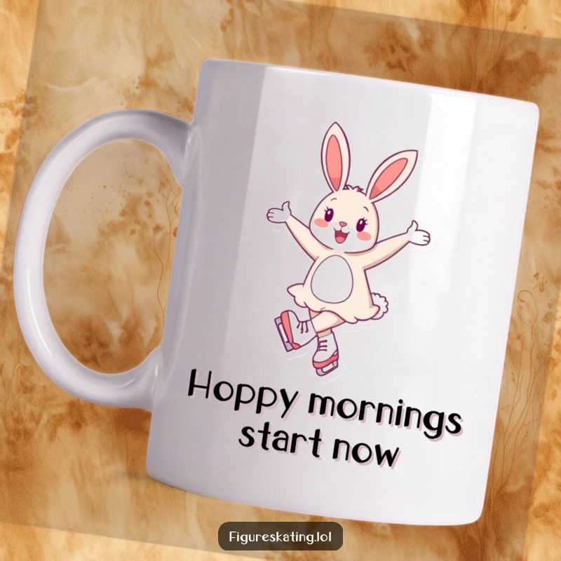 Funny mug showing a cheerful bunny elegantly twirling on ice skates with arms extended, radiating joy and grace.