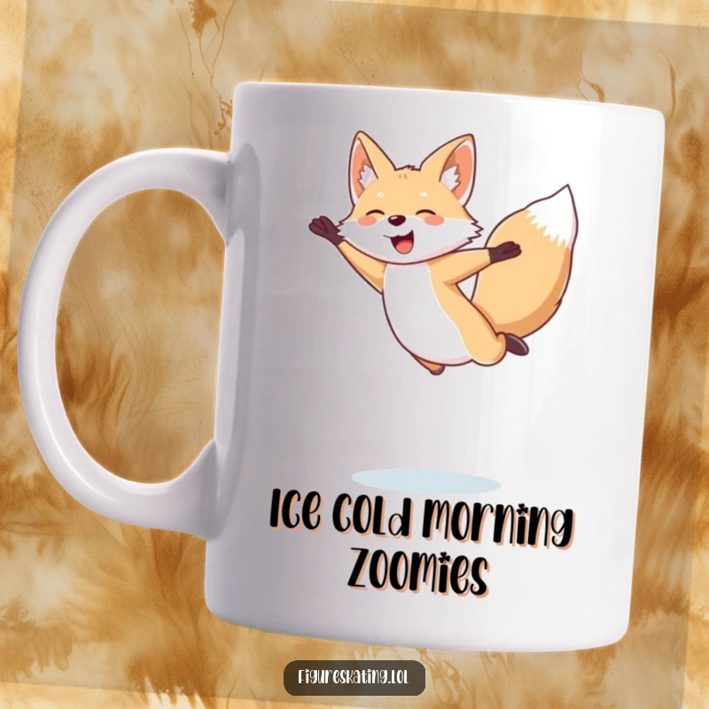 Funny Arctic Fox Mug: Giggling arctic fox performing a spectacular figure skating jump with pure delight.