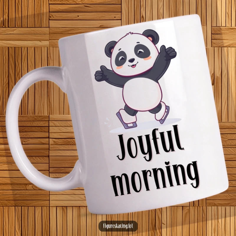 Funny mug showing a panda shuffling joyfully with tiny ice skates on its feet, radiating happiness.