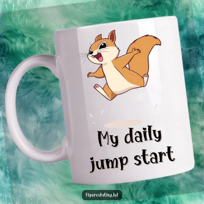 Funny squirrel mug showing a determined squirrel mid-air leap, symbolizing ambition and high spirits, a great motivational gift.
