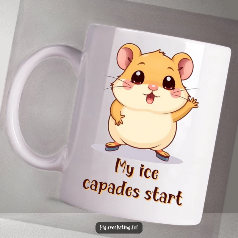 Funny hamster mug with wide eyes attempting a figure skating pose, showcasing adorable clumsiness and a love for the ice.
