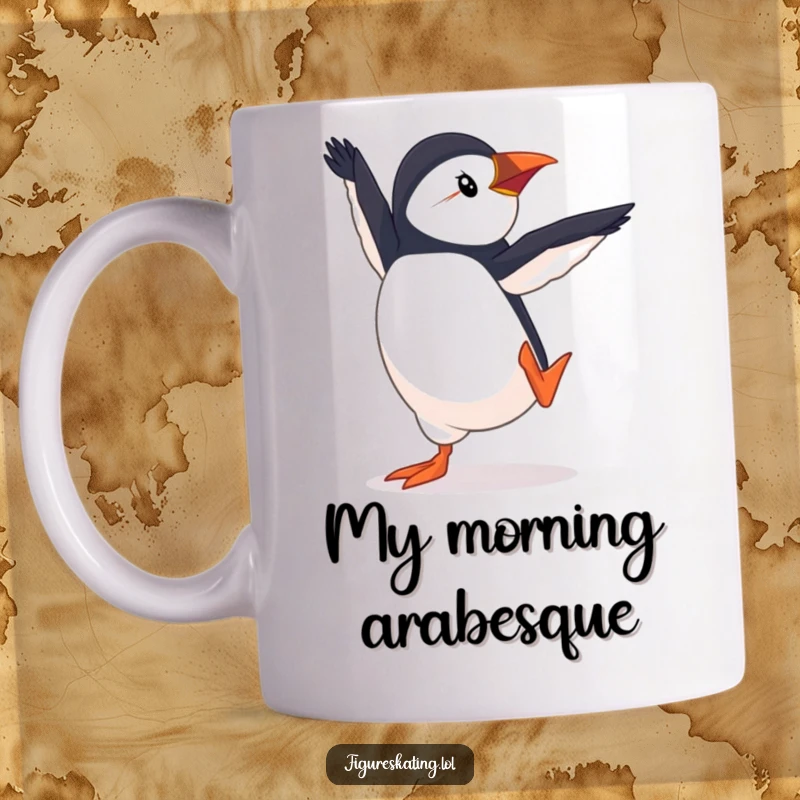 Funny Puffin Pirouette Mug, a determined puffin gracefully performing a sharp, elegant pirouette on ice, showcasing artistic flair and humor.