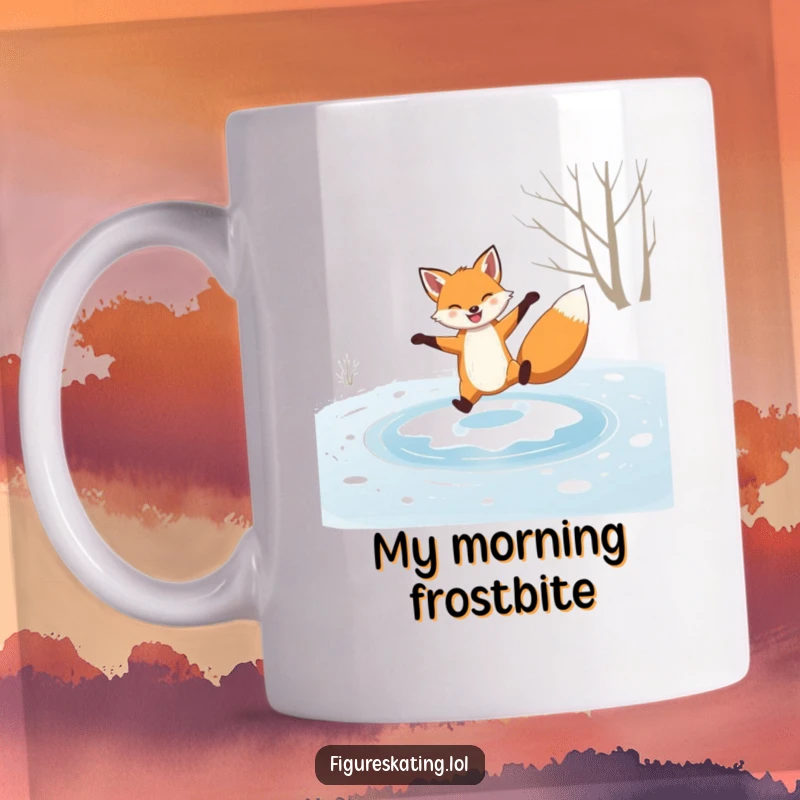 Funny mug, grinning fox performing a graceful spin on a frozen pond, showing sly humor and winter elegance.
