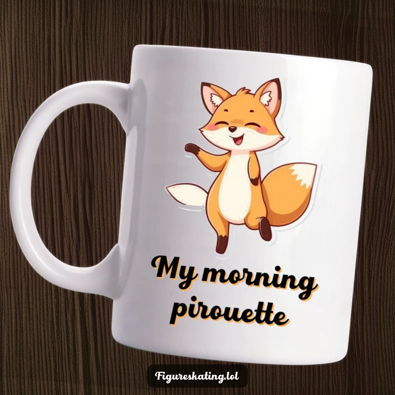 Funny mug featuring a delighted fox with a big smile twirling gracefully, spreading joy and laughter.