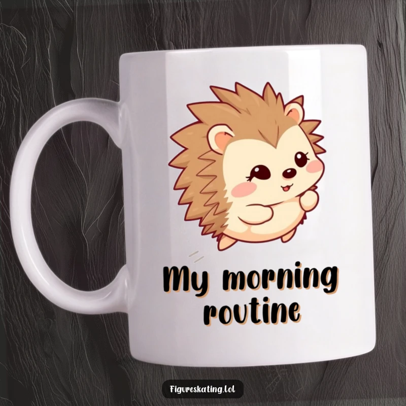 Funny happy hedgehog gliding backward with a shy smile on a mug, radiating gentle joy and cuteness.
