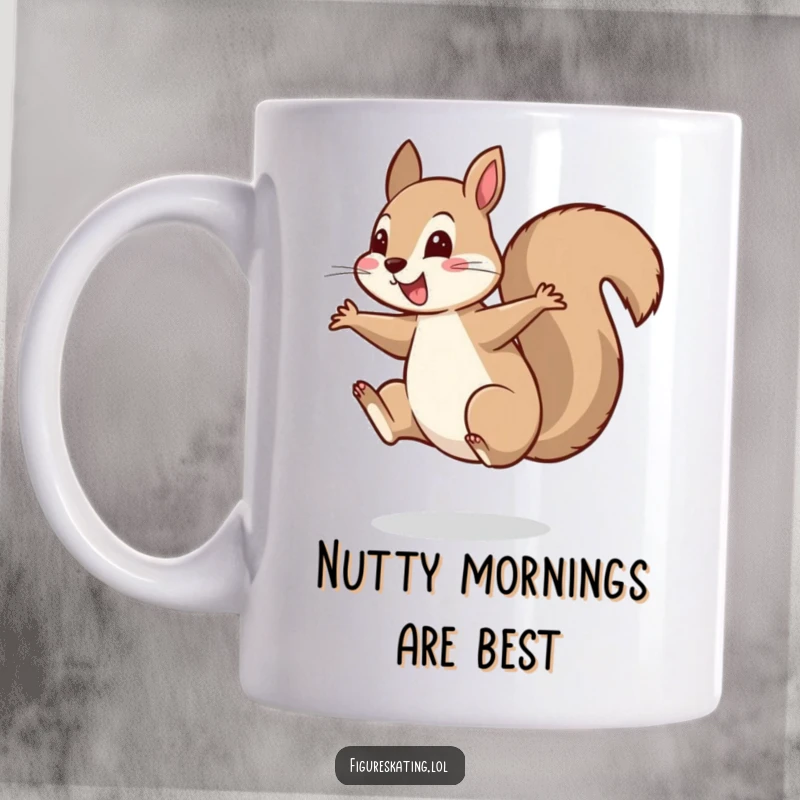 Funny mug featuring a cheerful squirrel landing a perfect, balanced spin on one foot with a happy expression.