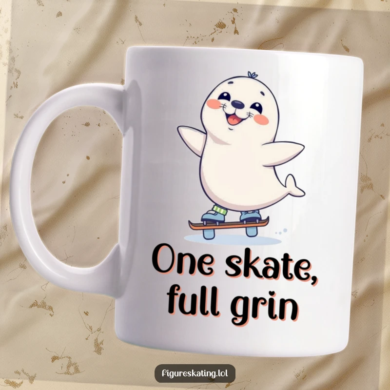 Funny Seal Skate Mug, a curious seal balancing expertly on one skate with a wide, cheerful grin, embodying playful skill.