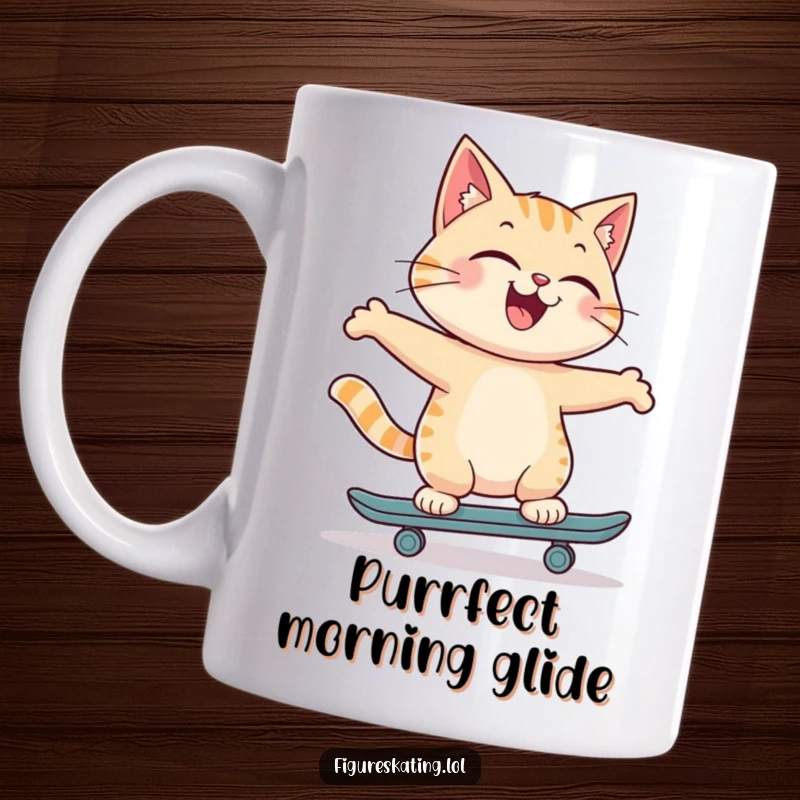 Funny mug showcasing a joyful cat confidently skating backwards with a proud smile, exuding feline coolness and mastery.