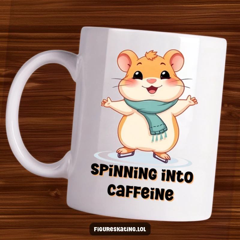 Funny smiling hamster holding a graceful ice skating pose on a mug, celebrating tiny athletes and winter fun.