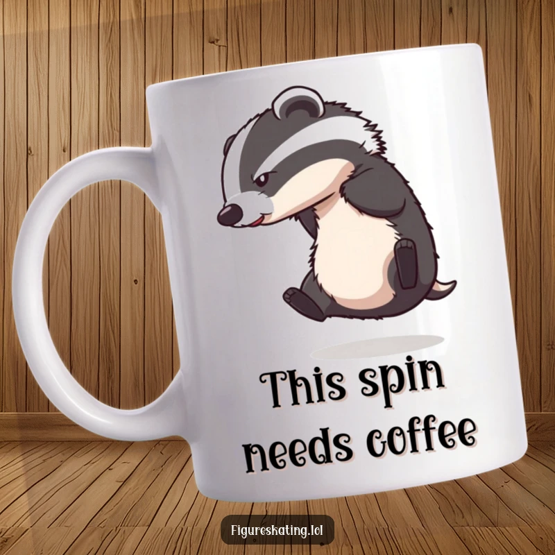 Funny mug featuring a determined badger attempting a clumsy spin on ice, looking off-balance and comical. A great gift.