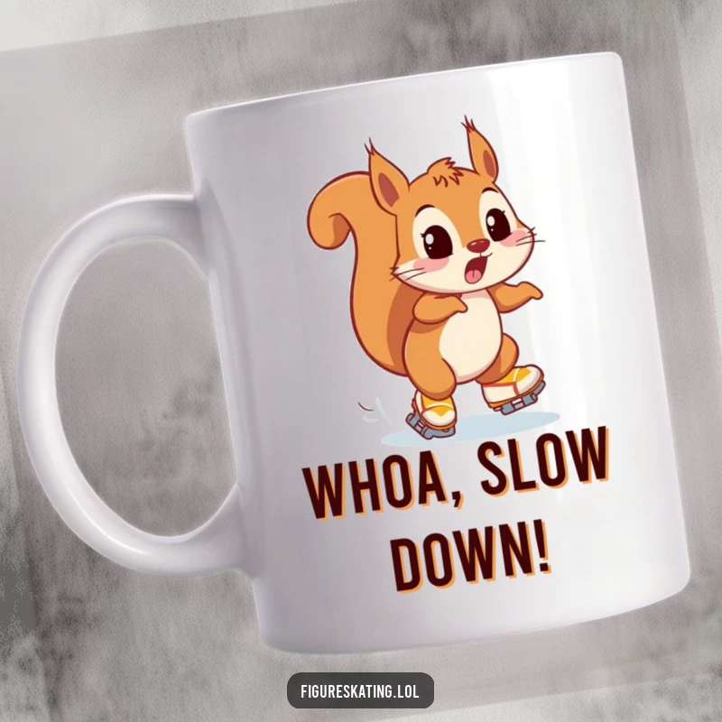 Funny mug featuring a playfully surprised squirrel narrowly avoiding a collision while on ice skates, capturing a hilarious moment.