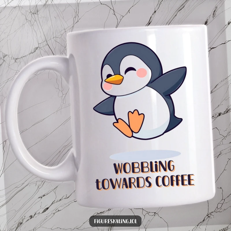 Funny mug showing a shy penguin with a determined grin attempting a wobbly jump, looking endearingly unsteady.
