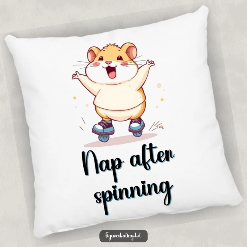 Funny chubby hamster ice skating pillow, showing a hamster joyfully spinning on skates, offering a soft and humorous decorative touch.