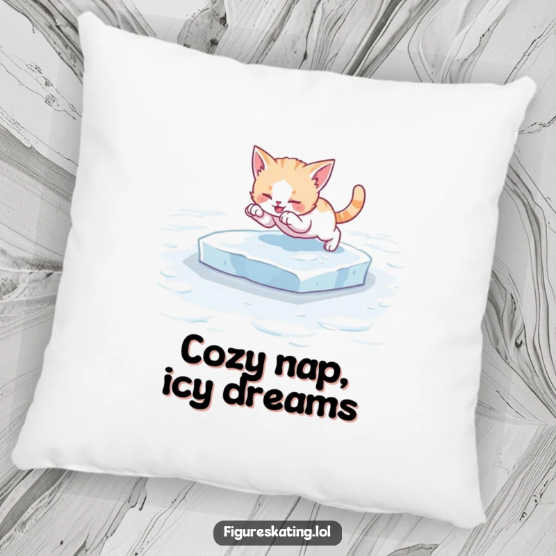 Funny kitten ice skating pillow, showing a delightful cat striking a pose on ice skates, offering a soft and humorous decorative touch.