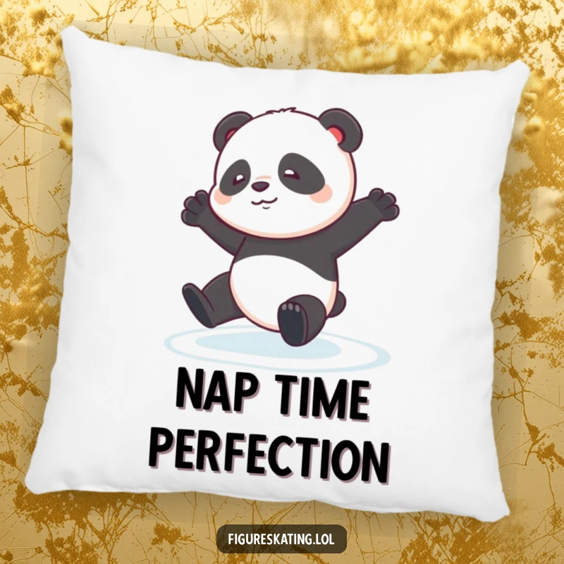 Funny Panda Pirouette Pillow: A contented panda cub stumbling slightly during a pirouette on ice, offering comfort.